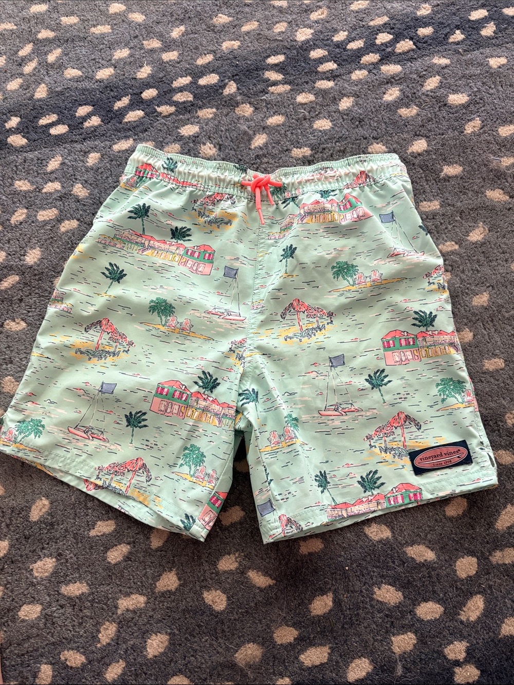 Vineyard Vines Mint Green Tropical Scene Swim Trunks with Coral Drawstring